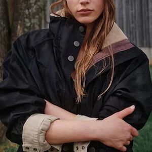 FREE PEOPLE JUKI Black and Beige Utility Jacket NWOT WAXED COTTON